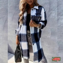 Plaid Print Long Length Jacket, Casual Button Front Flap Pockets Outwear